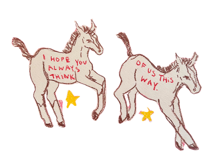 Two cartoon horses with text on a white background